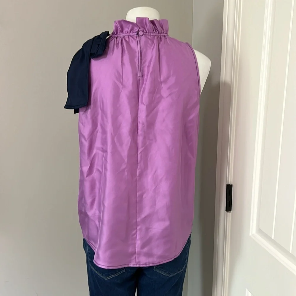 J Crew Collection silk twill top with fixed bow Purple Navy Blue Bow Sz S NEW